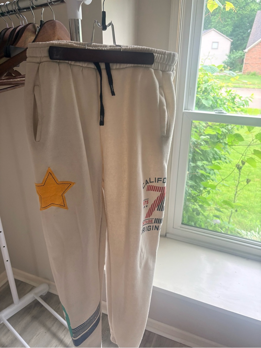 Patch work street wear Love Cream Fleece-Lined Joggers